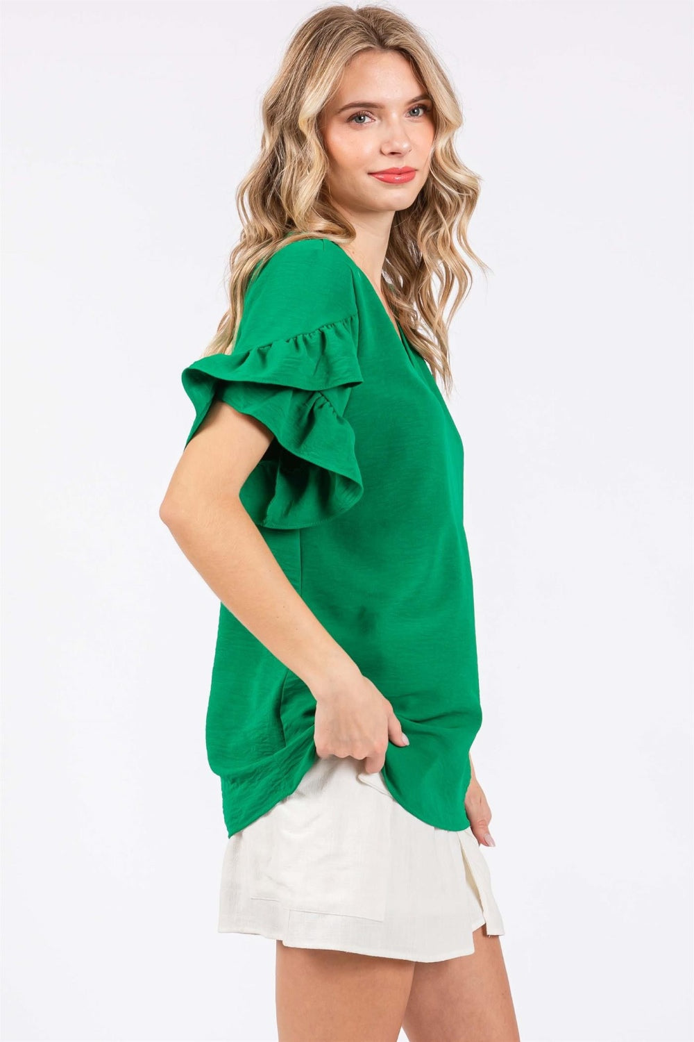 Ruffled Short Sleeve Blouse - Green