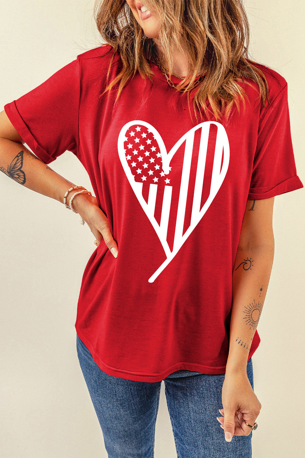 Heart Round Neck Short Sleeve T-Shirt