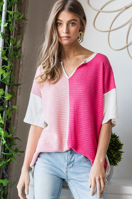 Waffle-Knit Half Sleeve Blouse - Pink / Fuschia