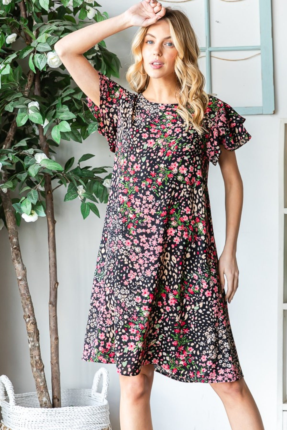 Floral Ruffled Short Sleeve Dress with Pockets - Black