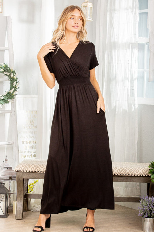 Pocketed Surplice Short Sleeve Dress - Black