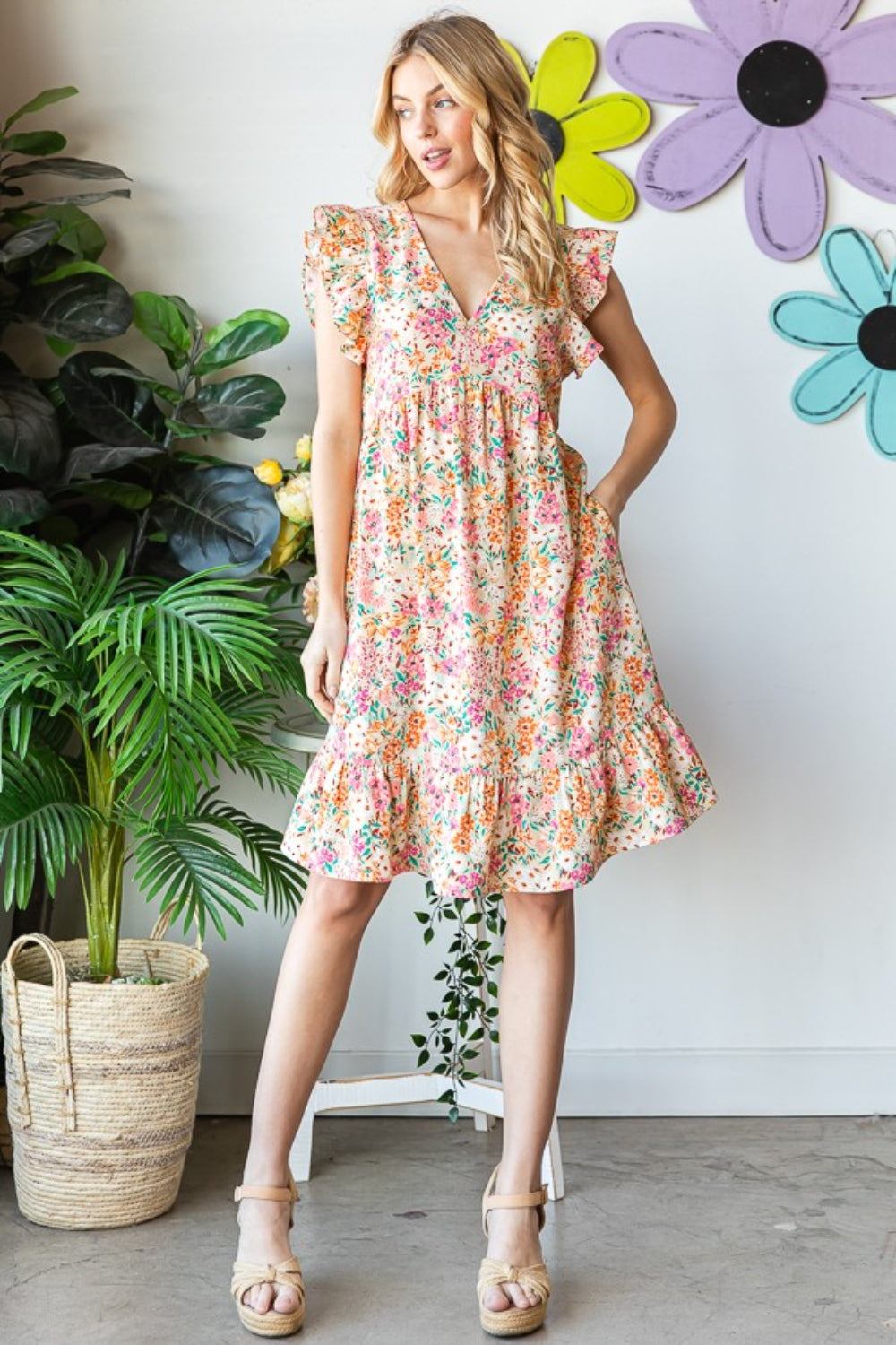 Floral Ruffled Dress - Sand