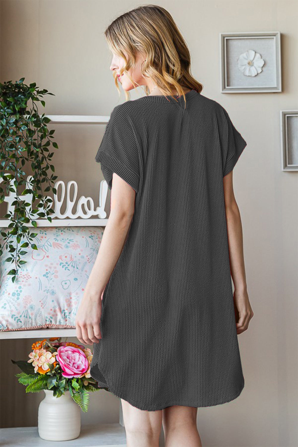 Ribbed Short Sleeve Tee Dress - Charcoal