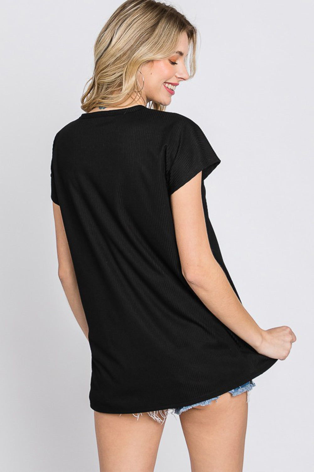 Front Button Short Sleeve T-Shirt - Black