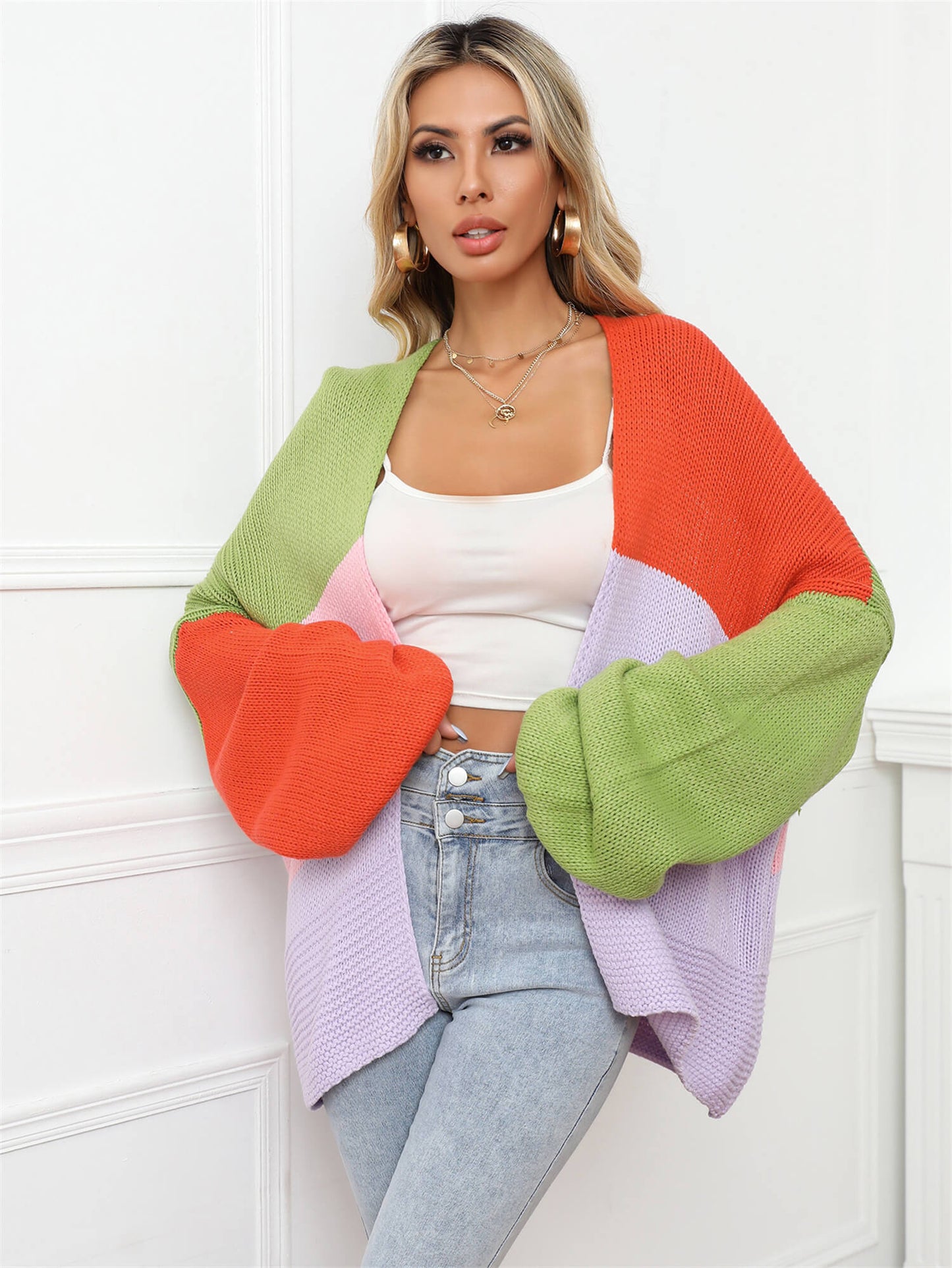 Angel Wings Color Block Open Front Balloon Sleeve Longline Cardigan