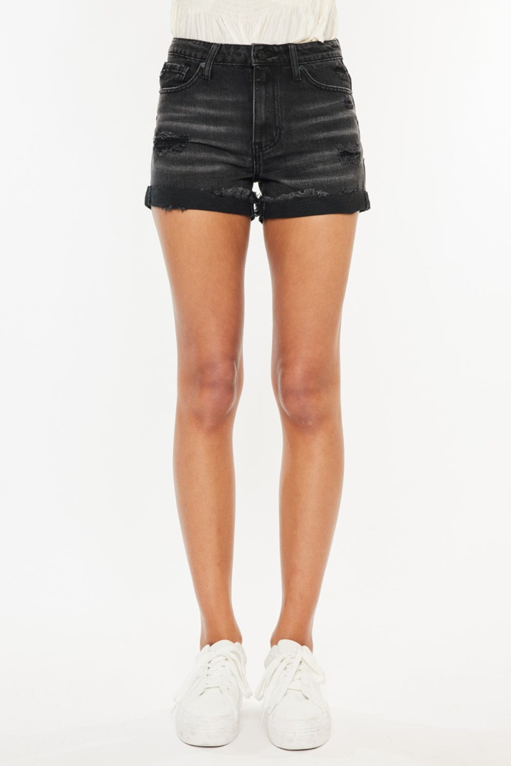 Kancan High Waist Distressed Denim Shorts - Black