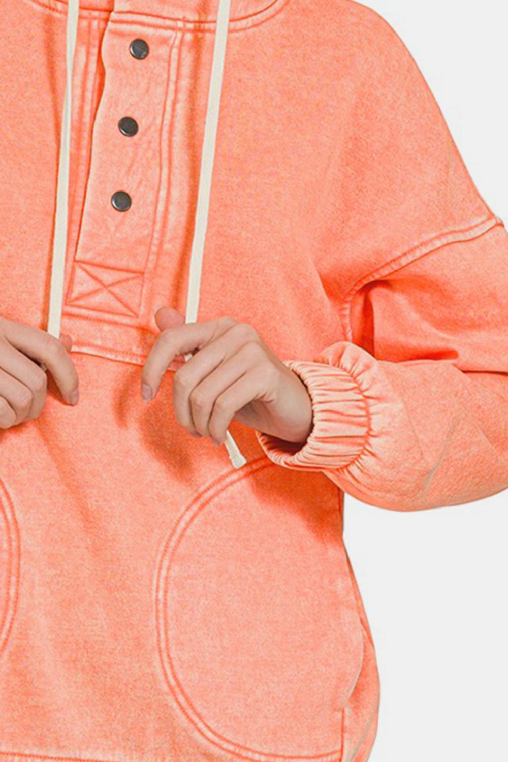 Drawstring Half Snap Dropped Shoulder Hoodie - Coral