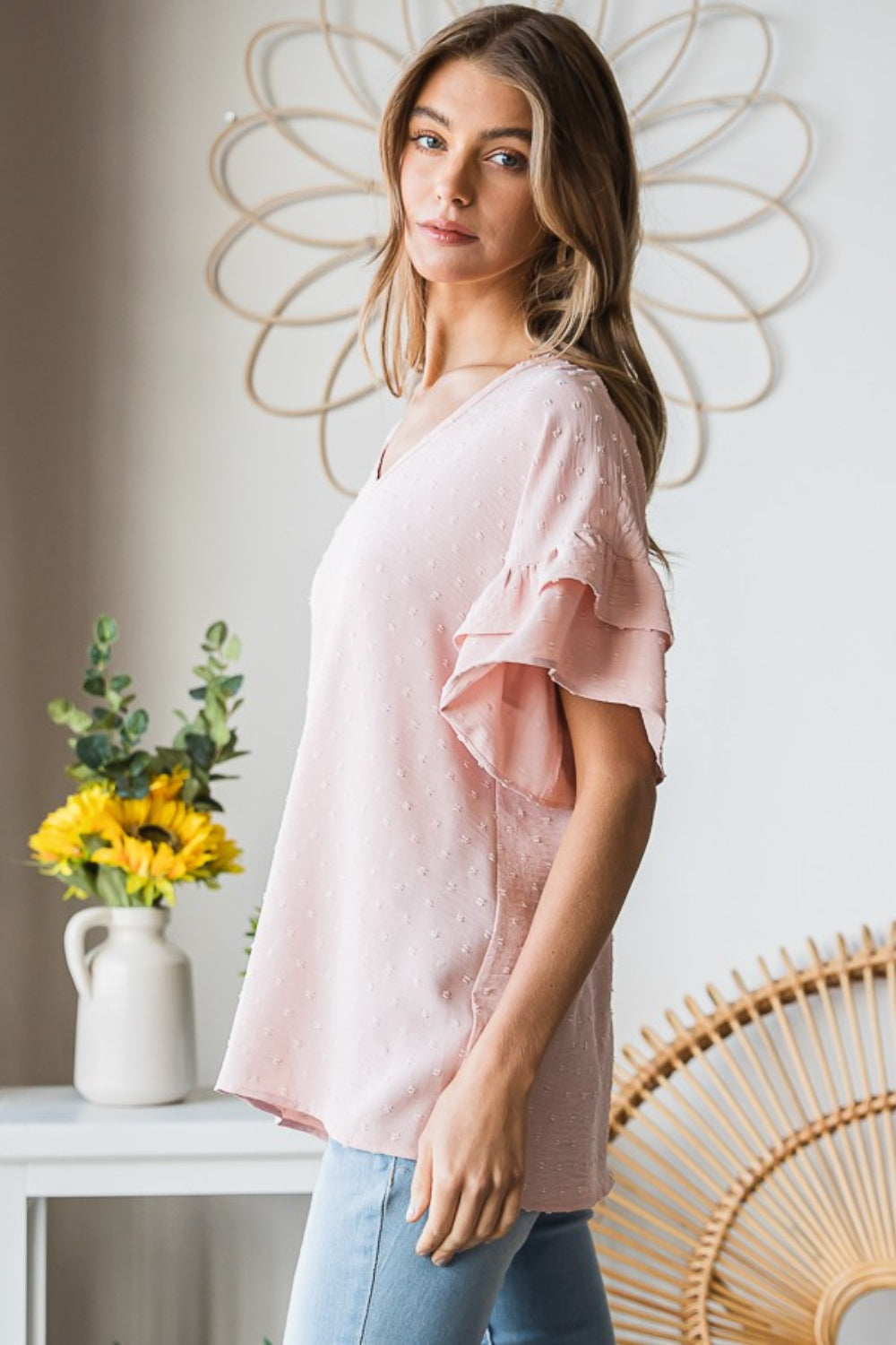 Swiss Dot Ruffle Short Sleeve Top - Peach