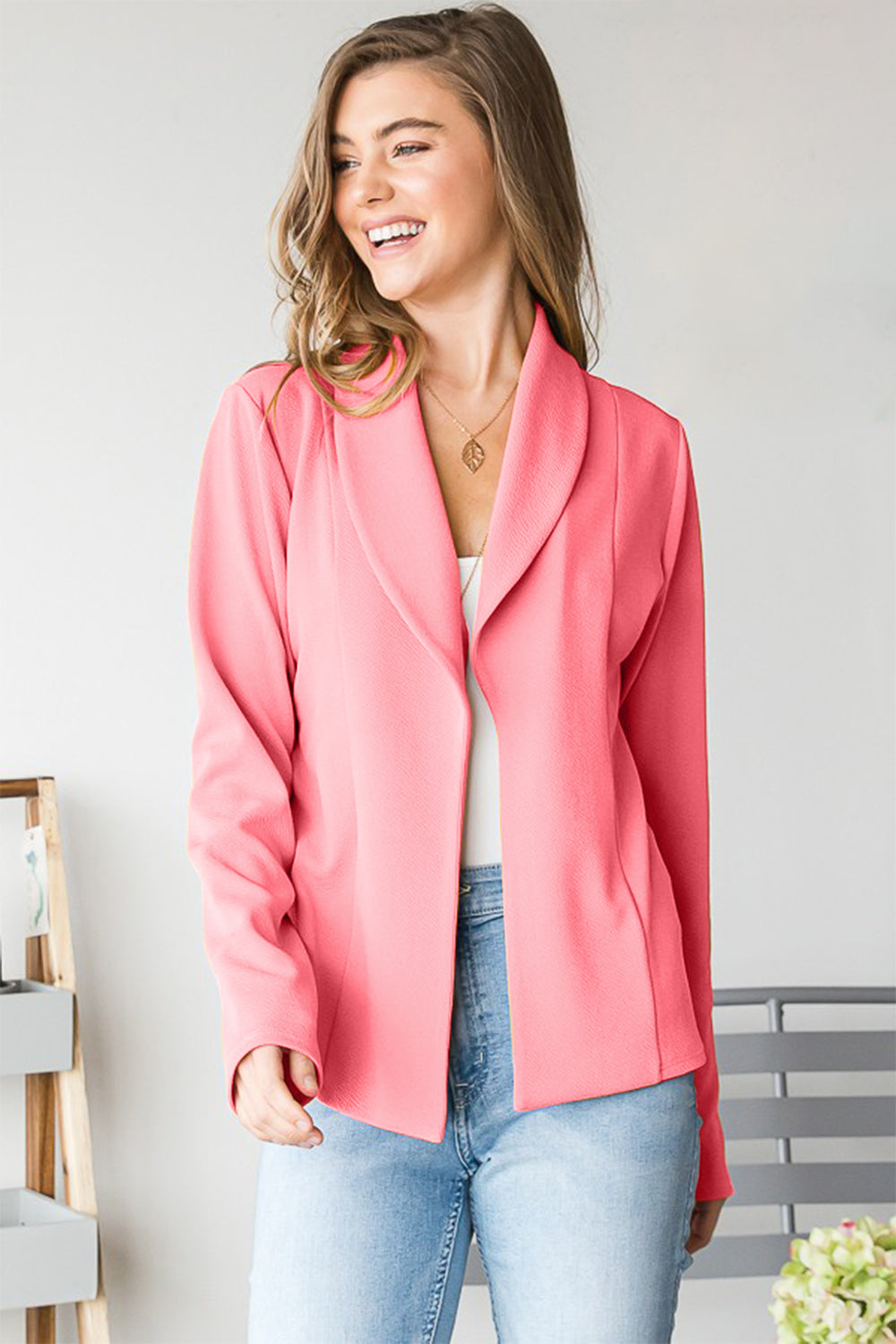 Open Front Long Sleeve Blazer - Pink