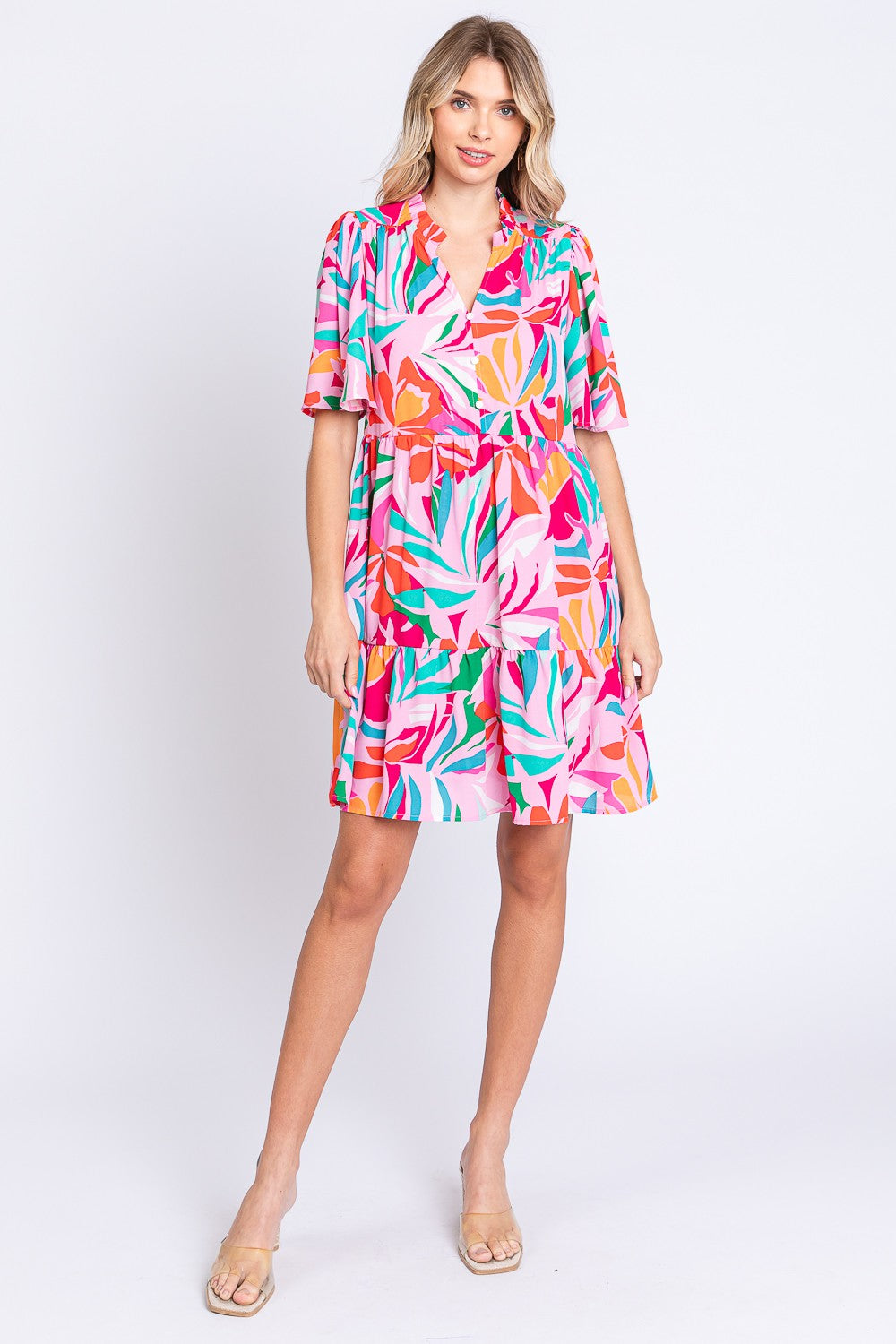 Short Sleeve Ruffle Hem Dress - Tropical