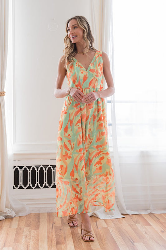 Printed Sleeveless Dress - Lime / Orange
