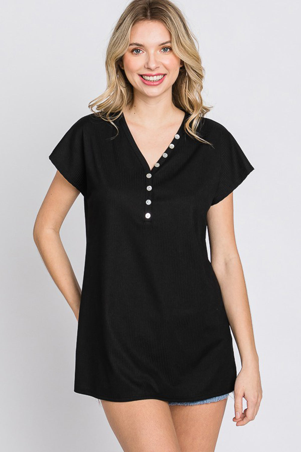 Front Button Short Sleeve T-Shirt - Black