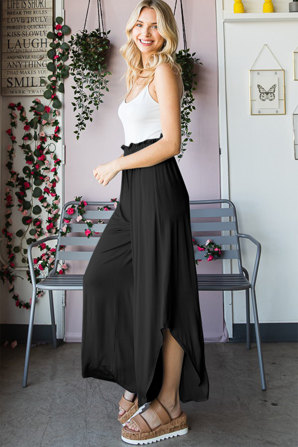 Frill Slit High Waist Wide Leg Pants - Black