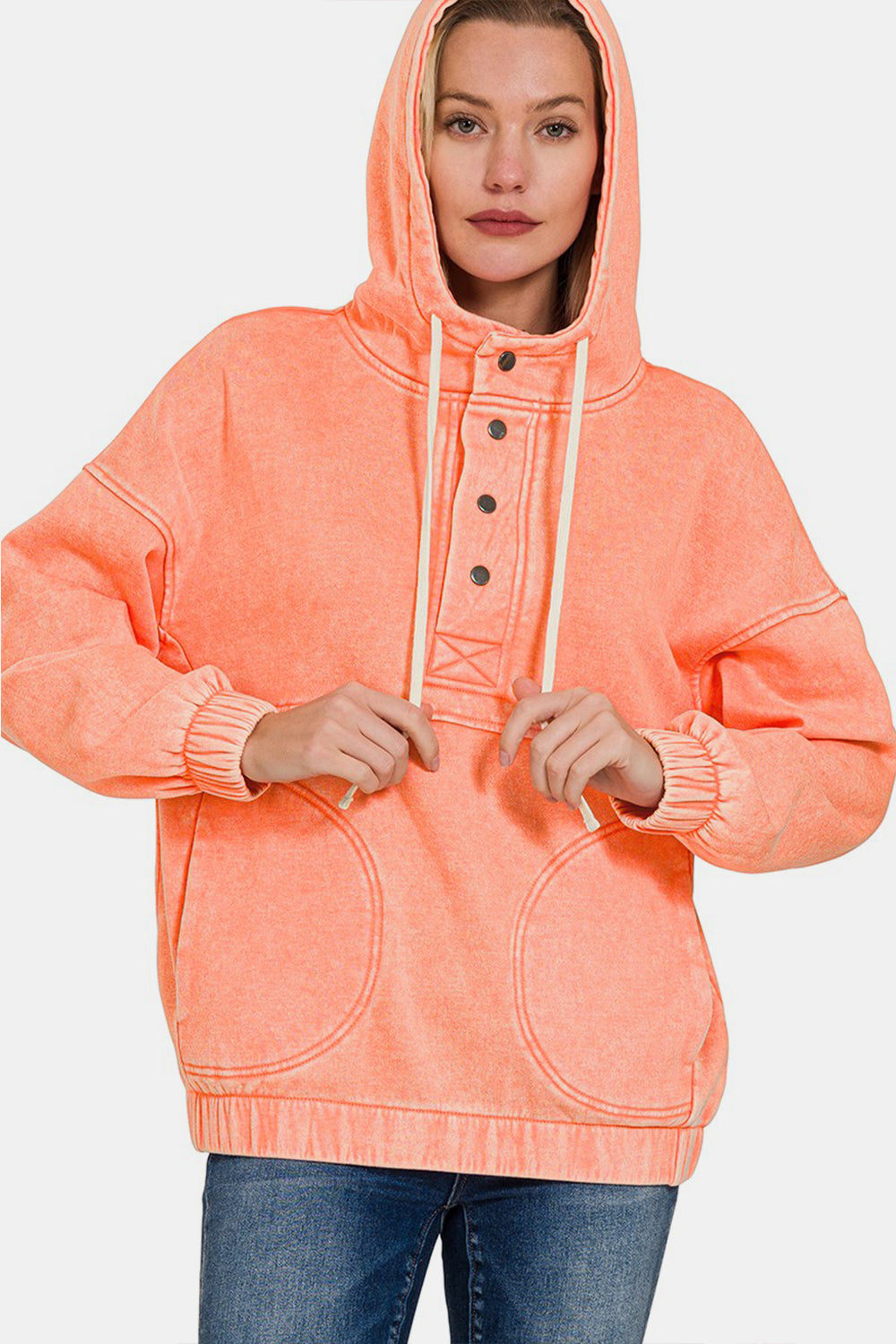 Drawstring Half Snap Dropped Shoulder Hoodie - Coral