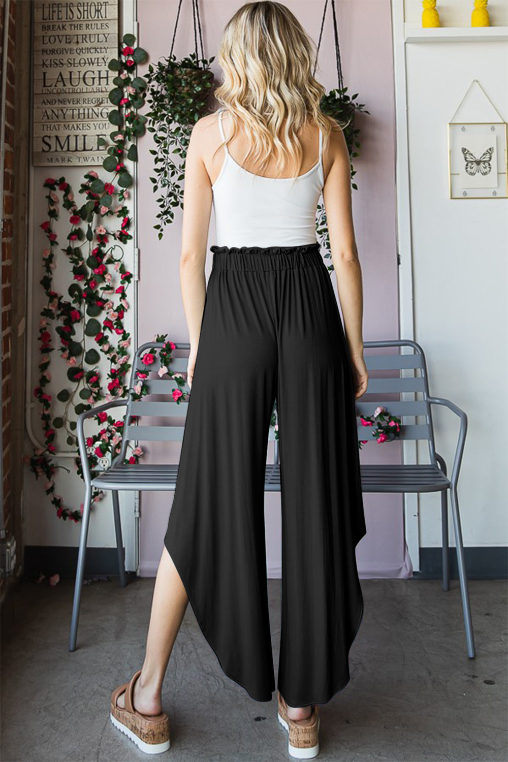 Frill Slit High Waist Wide Leg Pants - Black