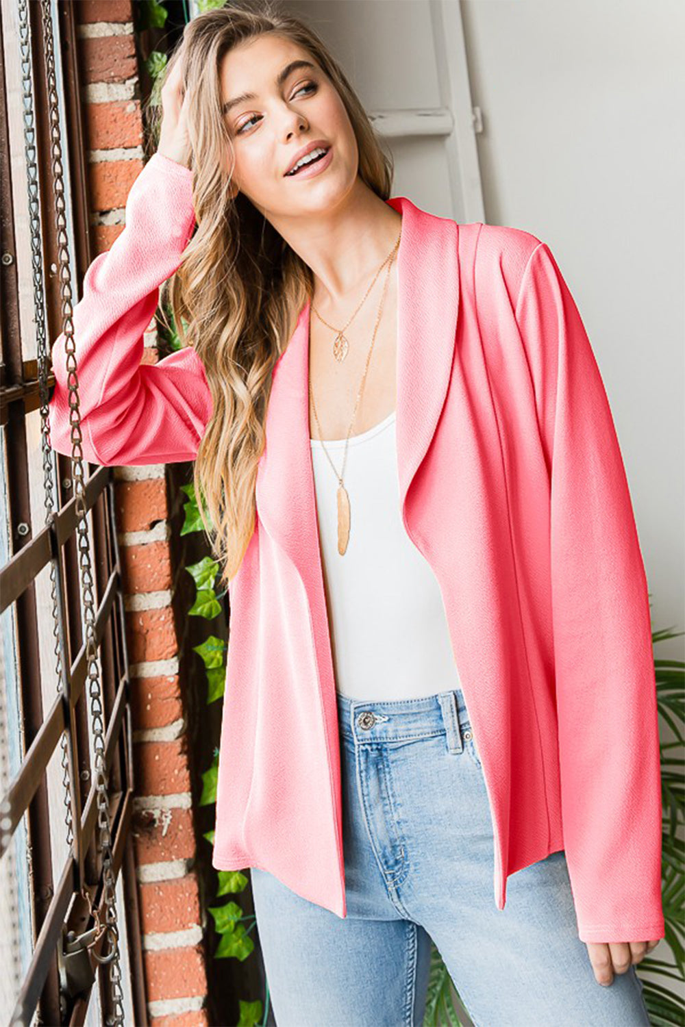 Open Front Long Sleeve Blazer - Pink