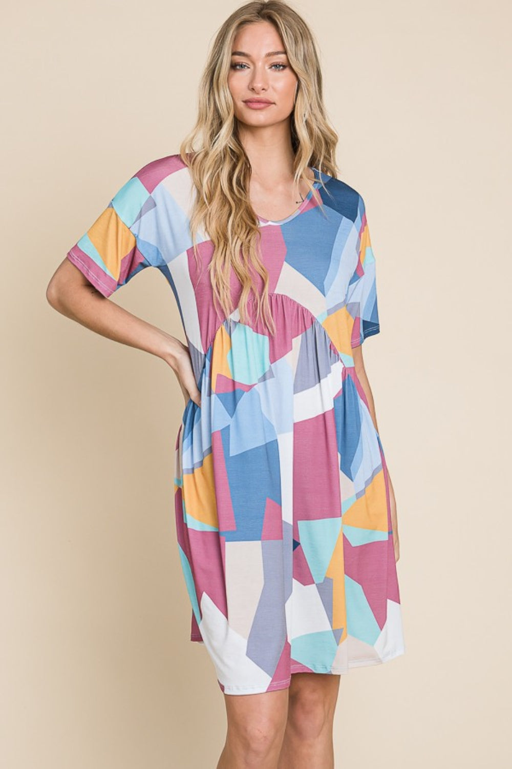 Ruched Color Block Short Sleeve Dress