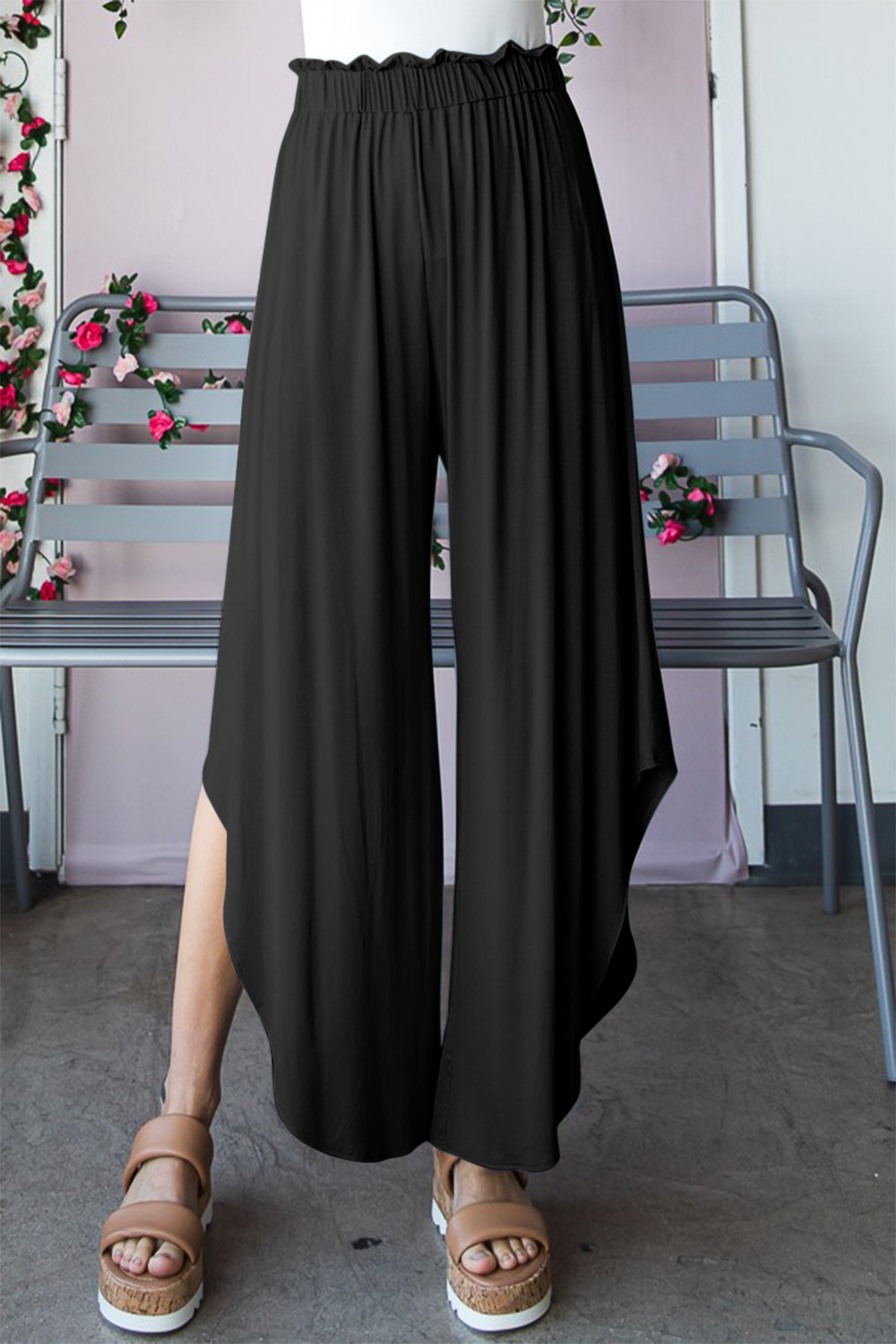 Frill Slit High Waist Wide Leg Pants - Black