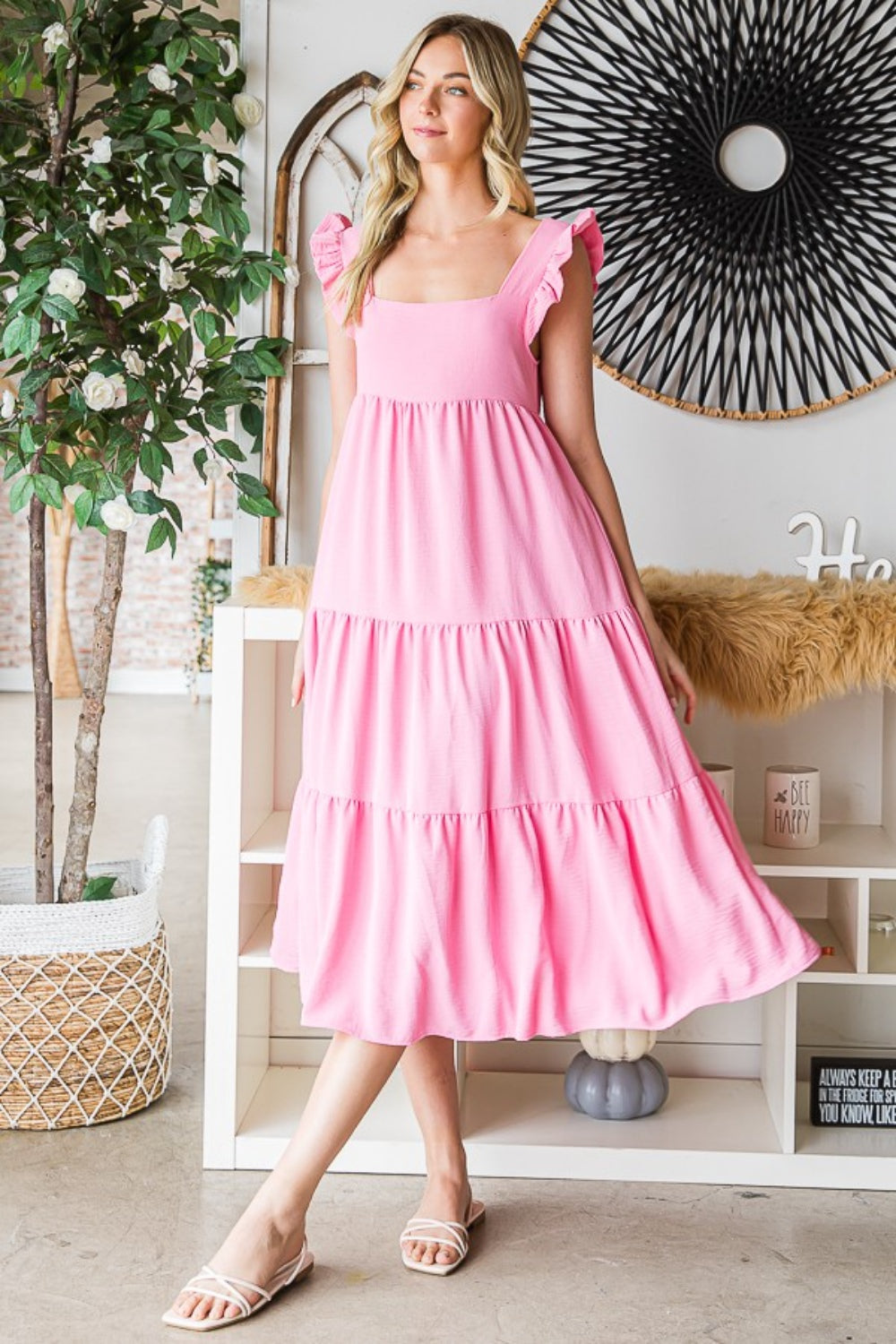 Ruffled Sleeveless Tiered Midi Dress - Bubble Pink